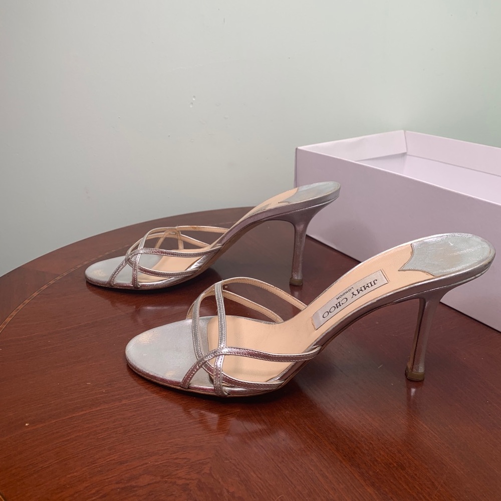 Jimmy Choo Silver Strappy Heeled Mules